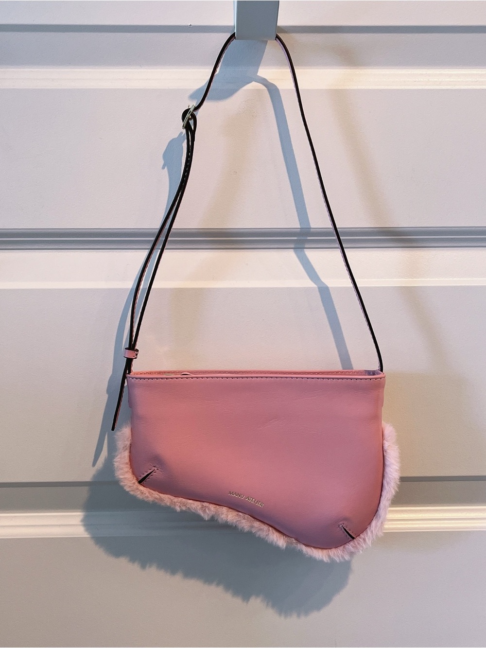 Manu Atelier Baby Light Pink Fur Trim Leather Shoulder Bag